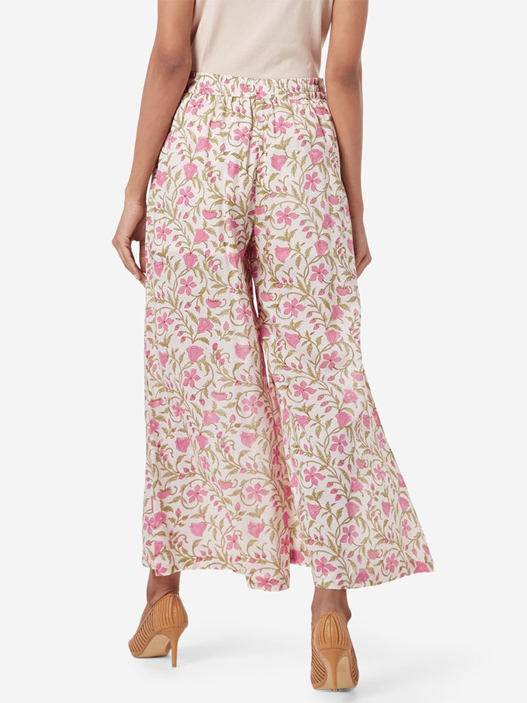 Zuba Off White Floral Patterned Palazzos