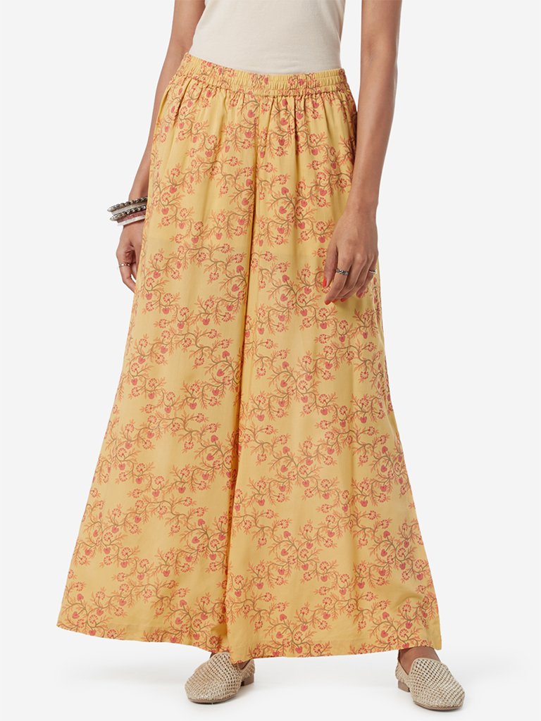 Zuba Yellow Floral Flared Palazzos
