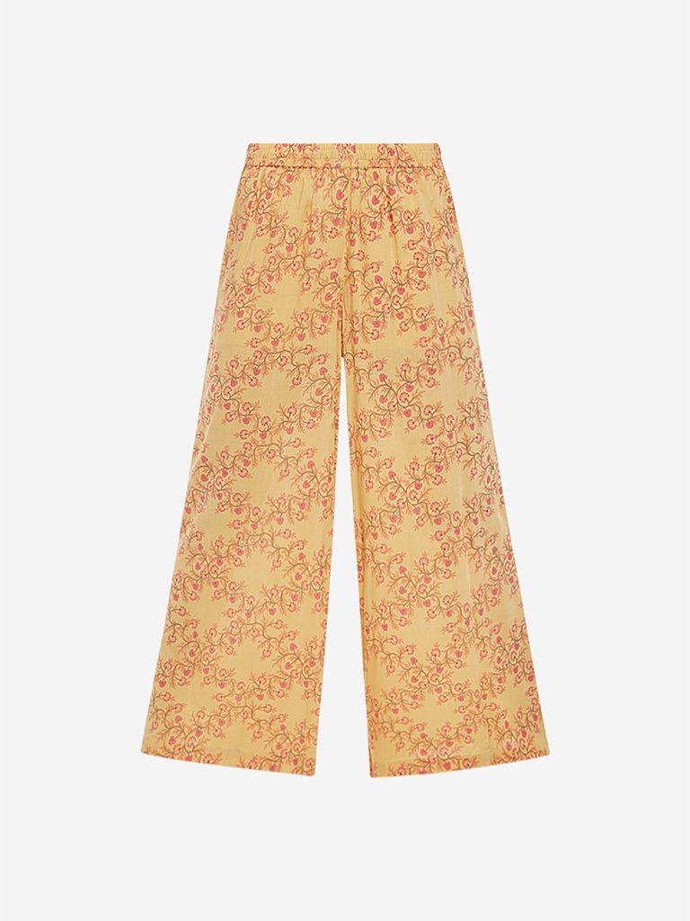 Zuba Yellow Floral Flared Palazzos