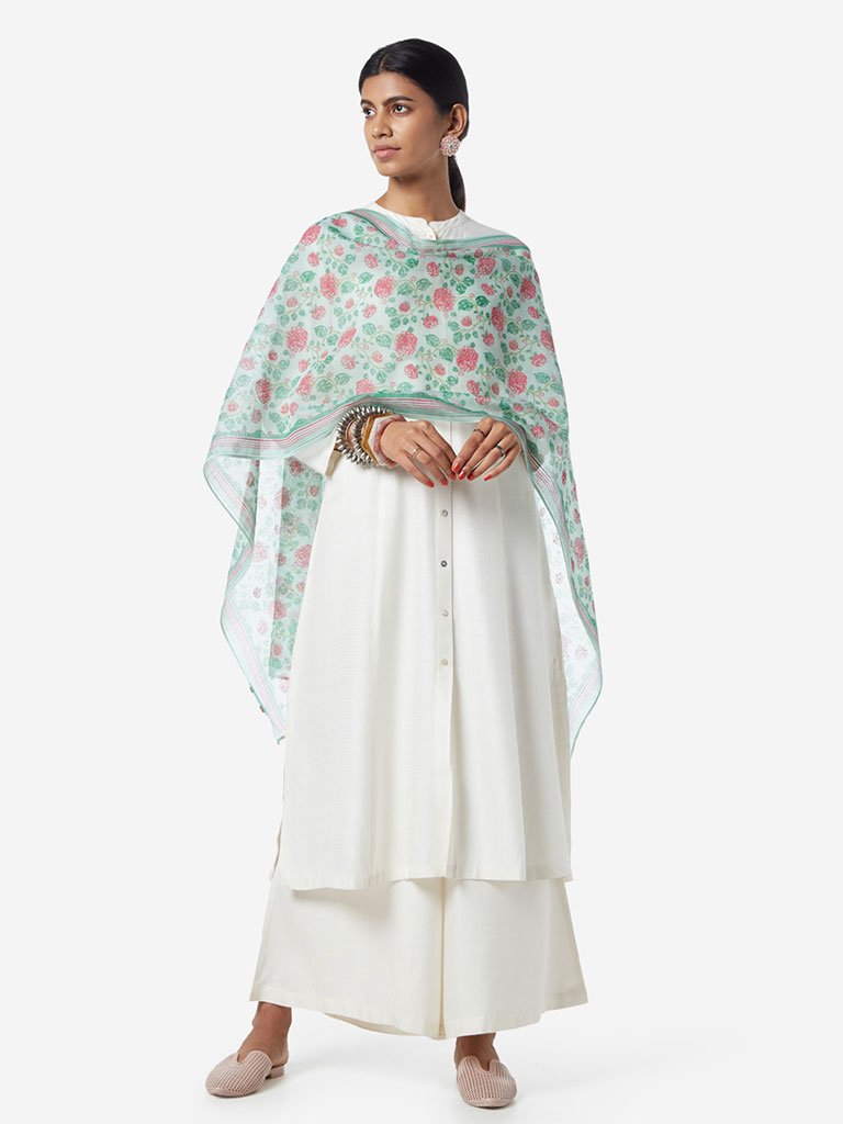 Zuba Mint Floral Printed Cotton-Silk Stole