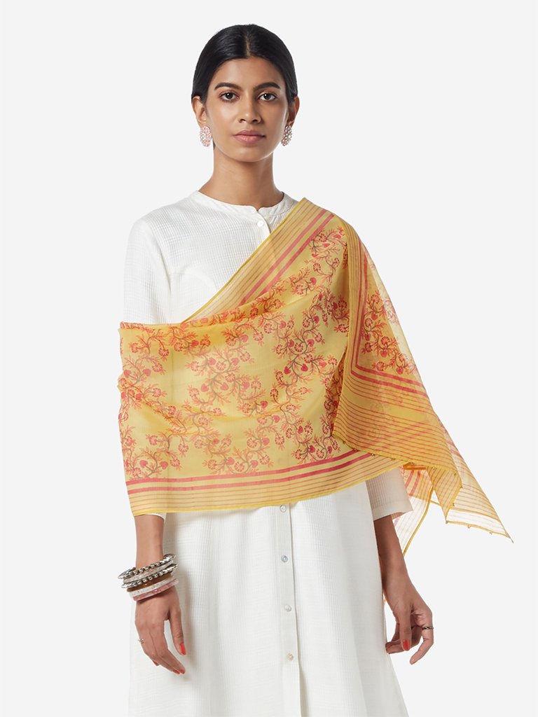 Zuba Yellow Floral Printed Cotton-Silk Stole