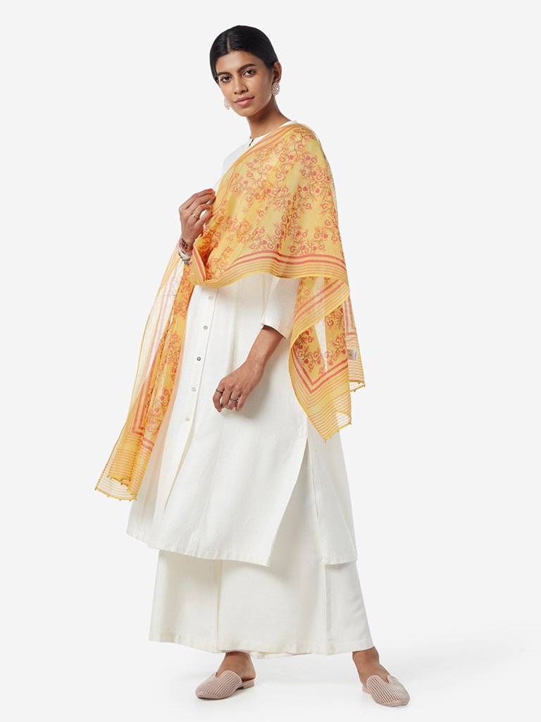 Zuba Yellow Floral Printed Cotton-Silk Stole