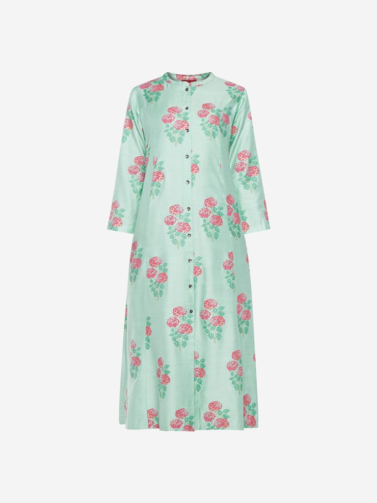 Zuba Mint Floral Printed A-line Kurta