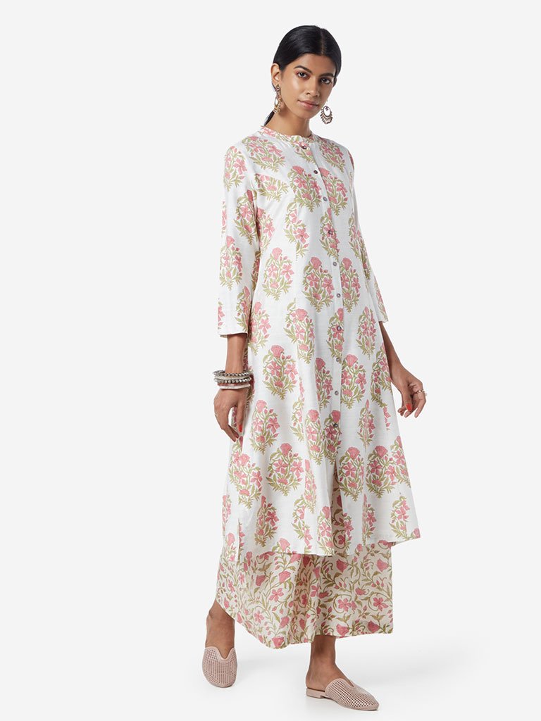 Zuba White Floral Patterned A-line Kurta