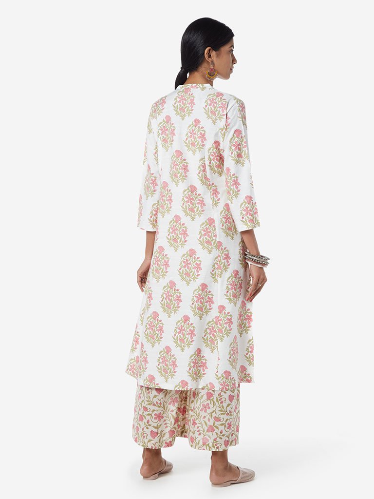 Zuba White Floral Patterned A-line Kurta