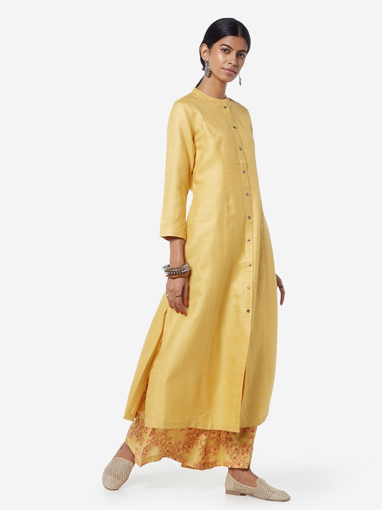 Zuba Yellow Self-Textured A-line Kurta