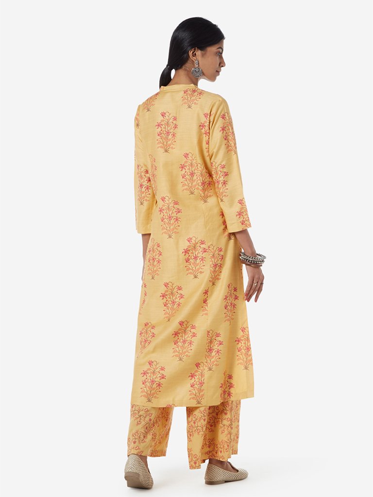 Zuba Yellow Floral Patterned A-line Kurta