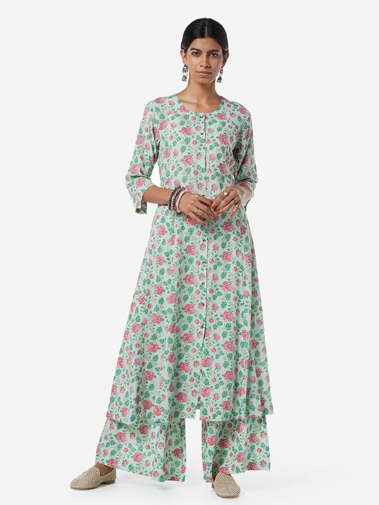 Zuba Mint Floral Printed A-line Kurta