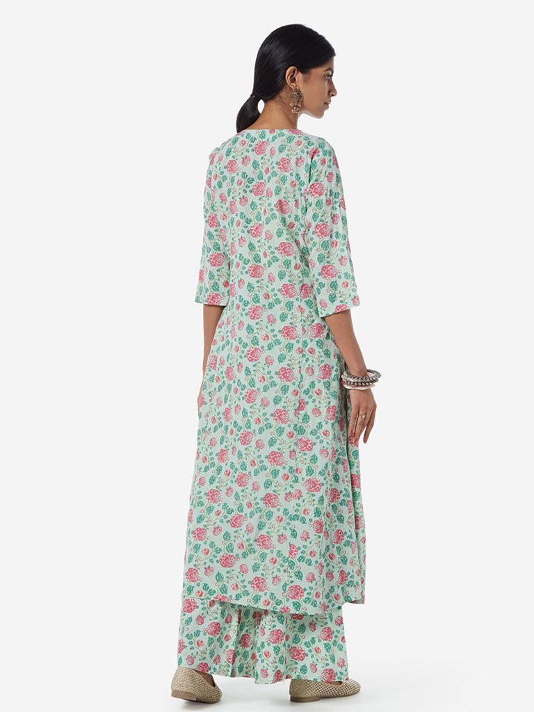 Zuba Mint Floral Printed A-line Kurta