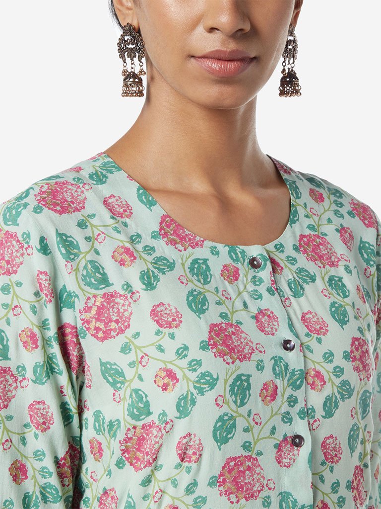 Zuba Mint Floral Printed A-line Kurta