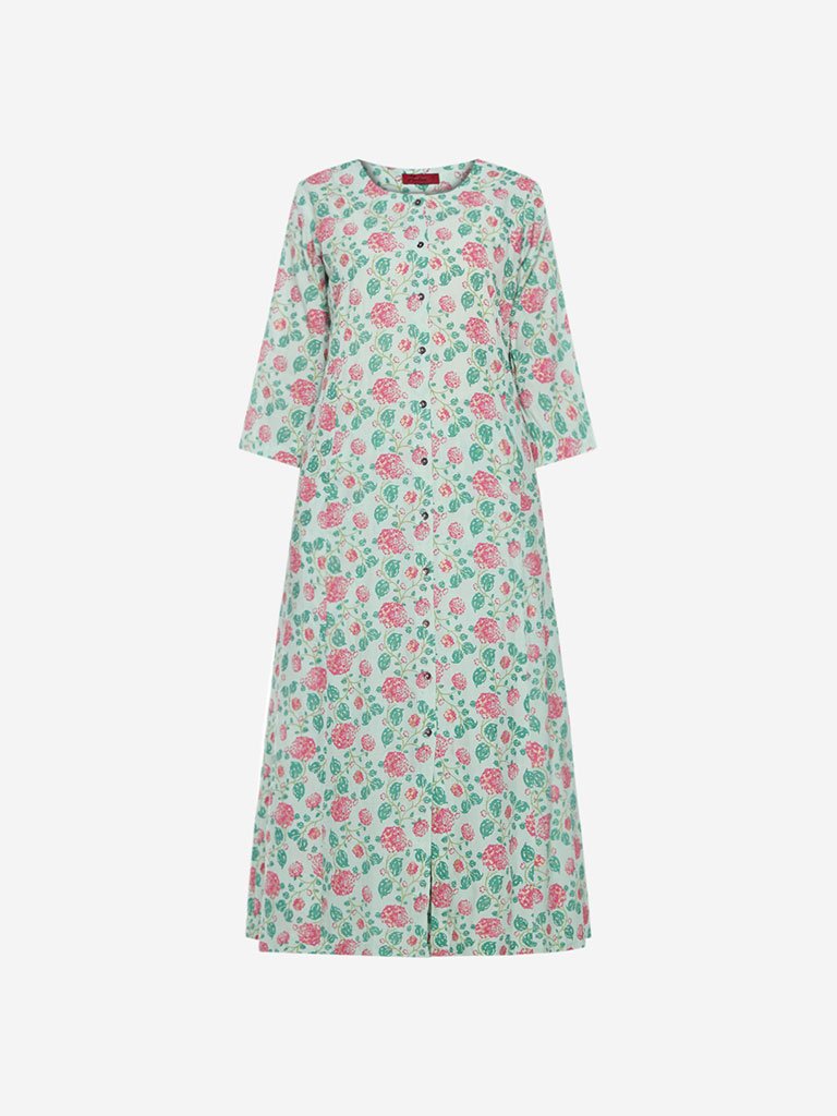 Zuba Mint Floral Printed A-line Kurta