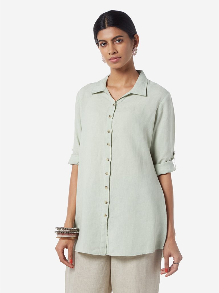 Zuba Light Green Linen Ethnic Top