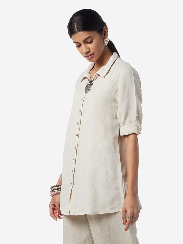 Zuba Light Beige Linen Ethnic Top