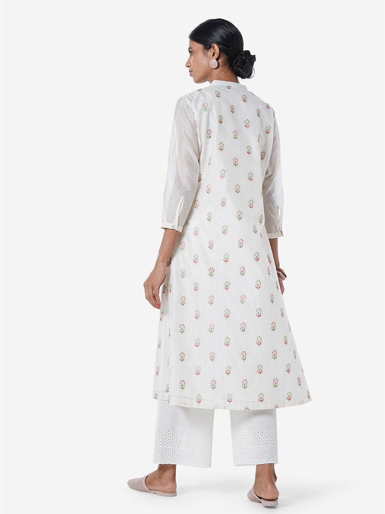 Zuba Off White Embroidered A-Line Kurta