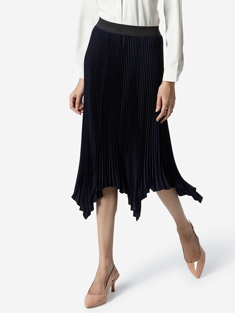 Wardrobe Navy Pleated Skirt With Asymmetric Hem