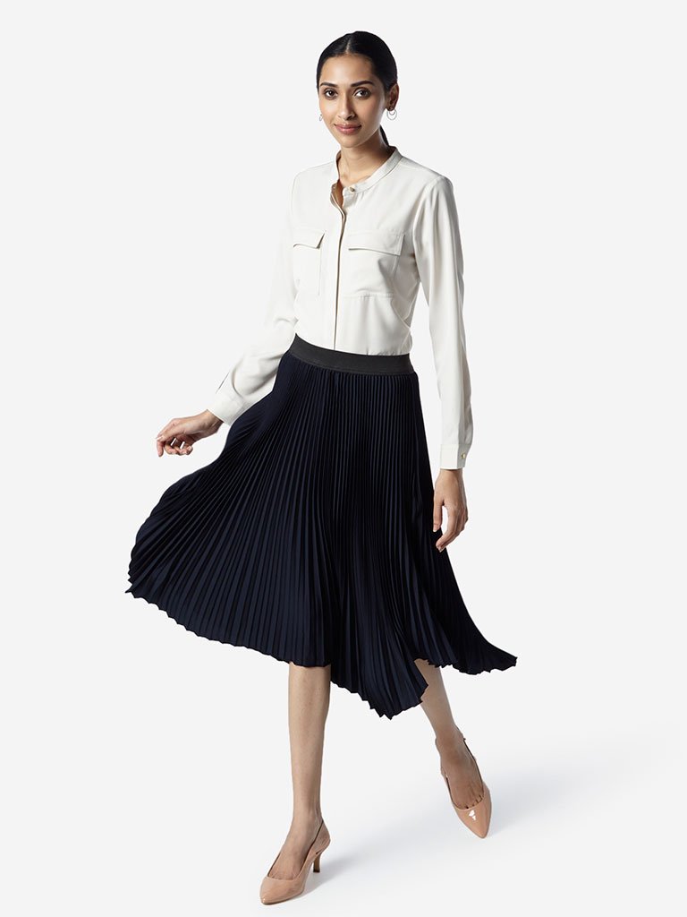 Wardrobe Navy Pleated Skirt With Asymmetric Hem
