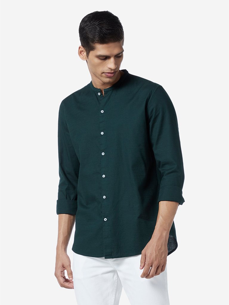 Ascot Dark Green Slim Fit Band Neck Shirt