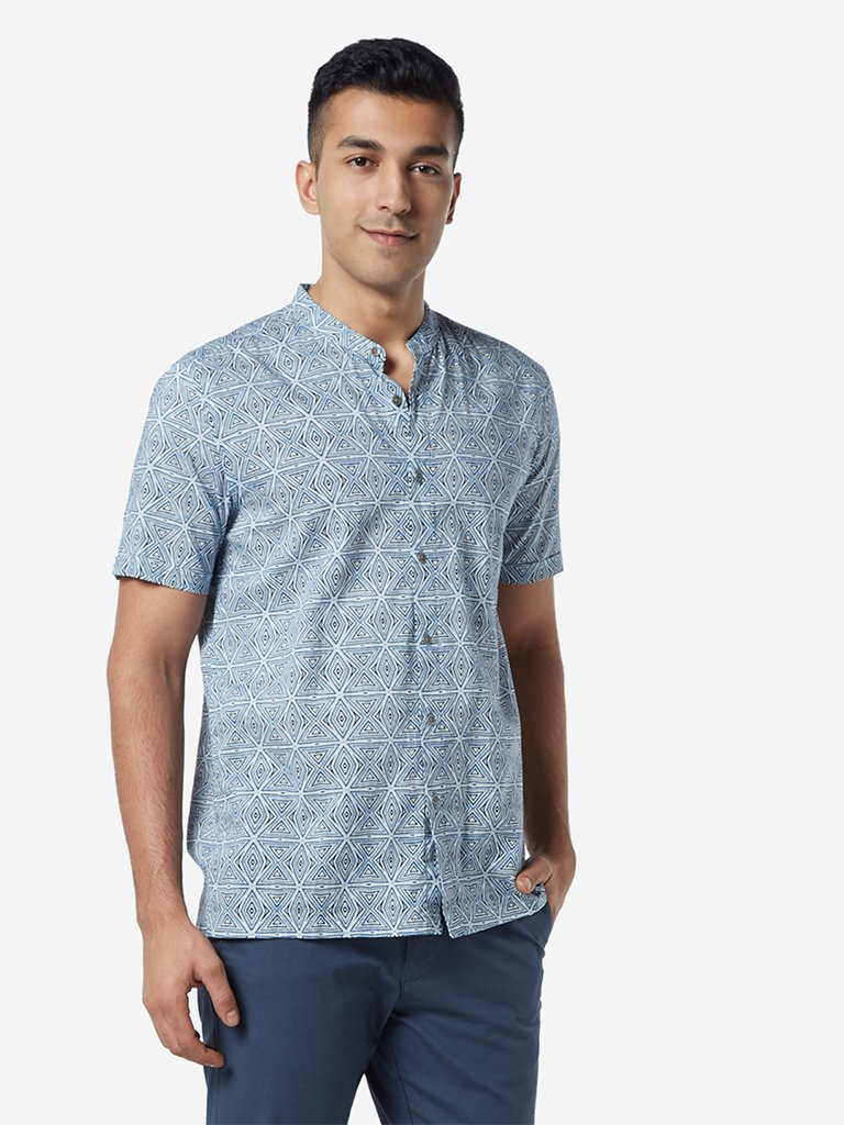 ETA Blue Geometrical Print Resort Fit Shirt