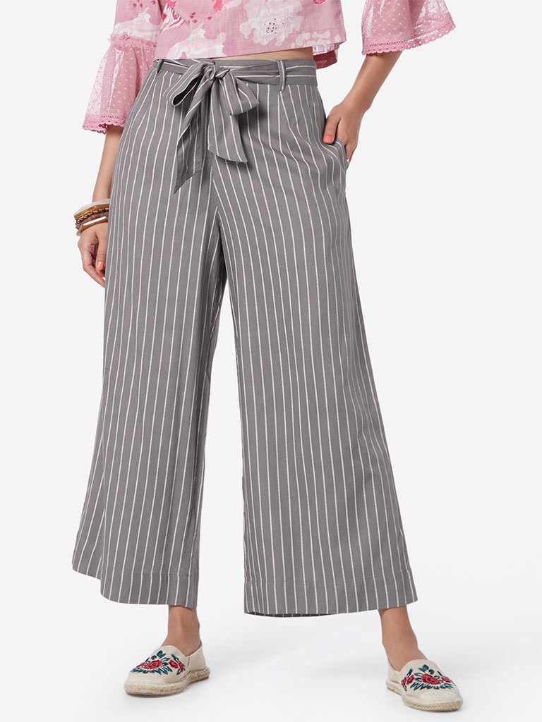 Bombay Paisley Grey Striped Palazzos With Belt