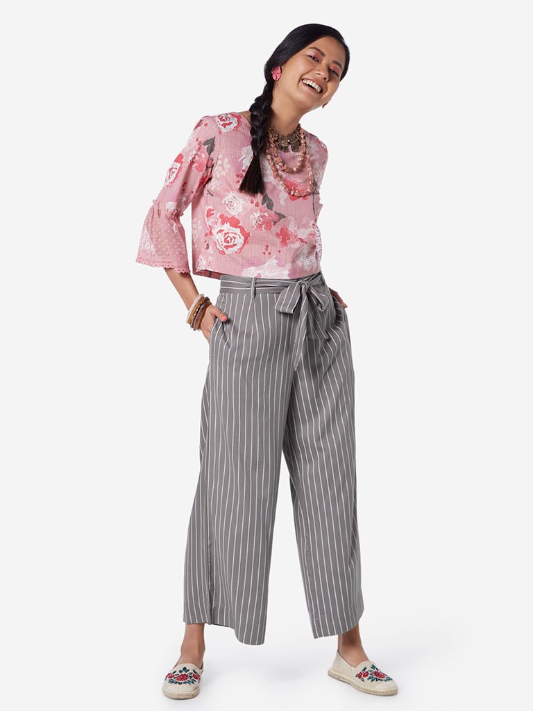 Bombay Paisley Grey Striped Palazzos With Belt