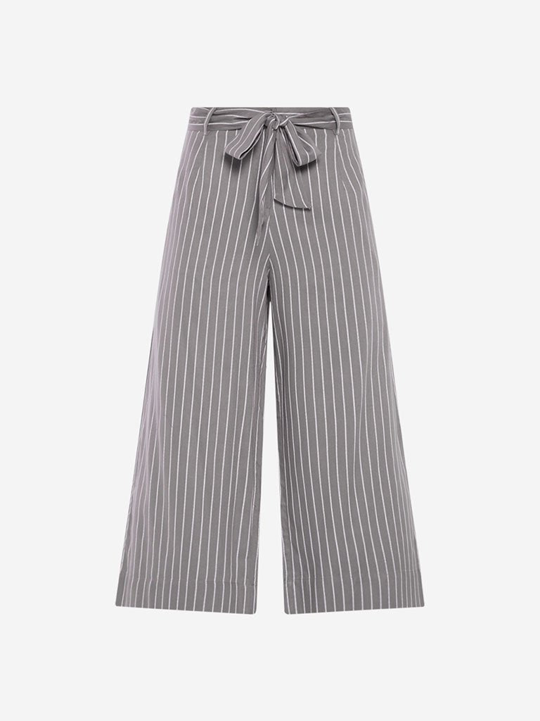 Bombay Paisley Grey Striped Palazzos With Belt