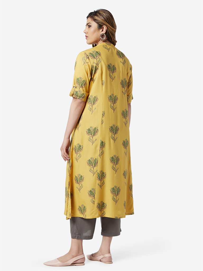 Diza Curve Yellow Floral Printed A-line Kurta
