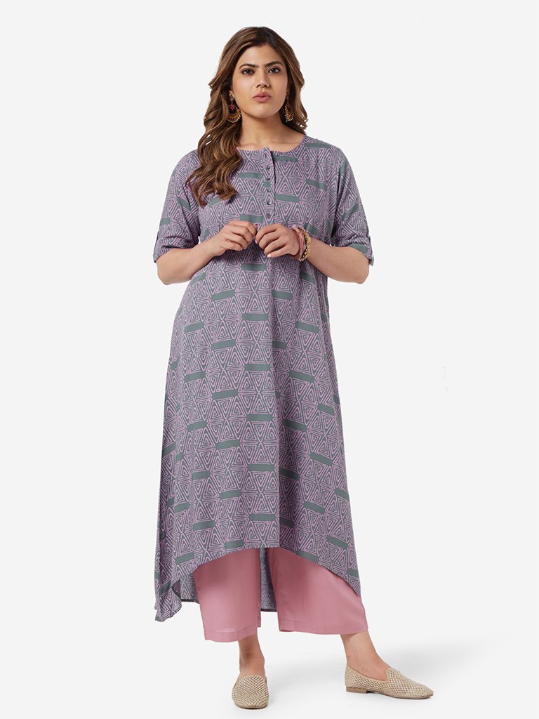 Diza Curve Lilac Triangle Print High-Low Kurta