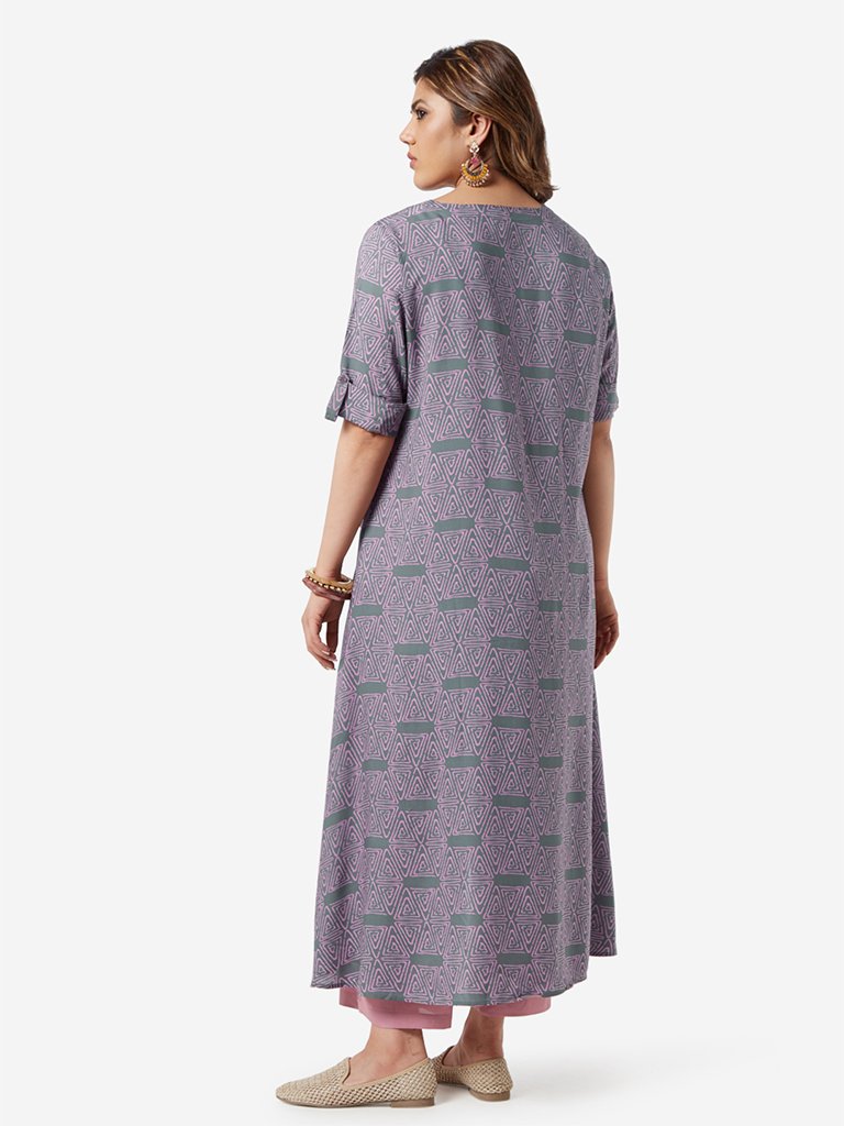 Diza Curve Lilac Triangle Print High-Low Kurta