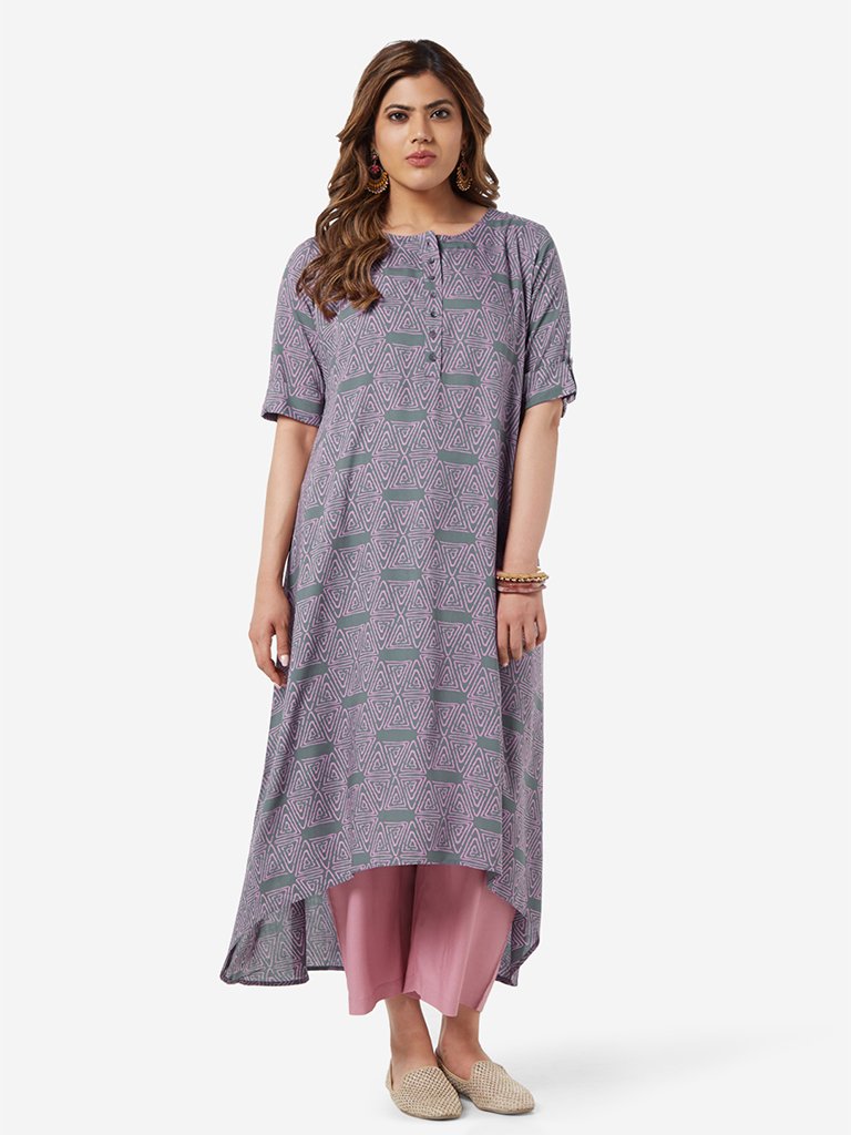 Diza Curve Lilac Triangle Print High-Low Kurta