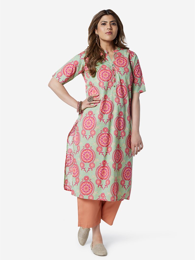 Diza Curve Green Circle Pattern Straight Kurta