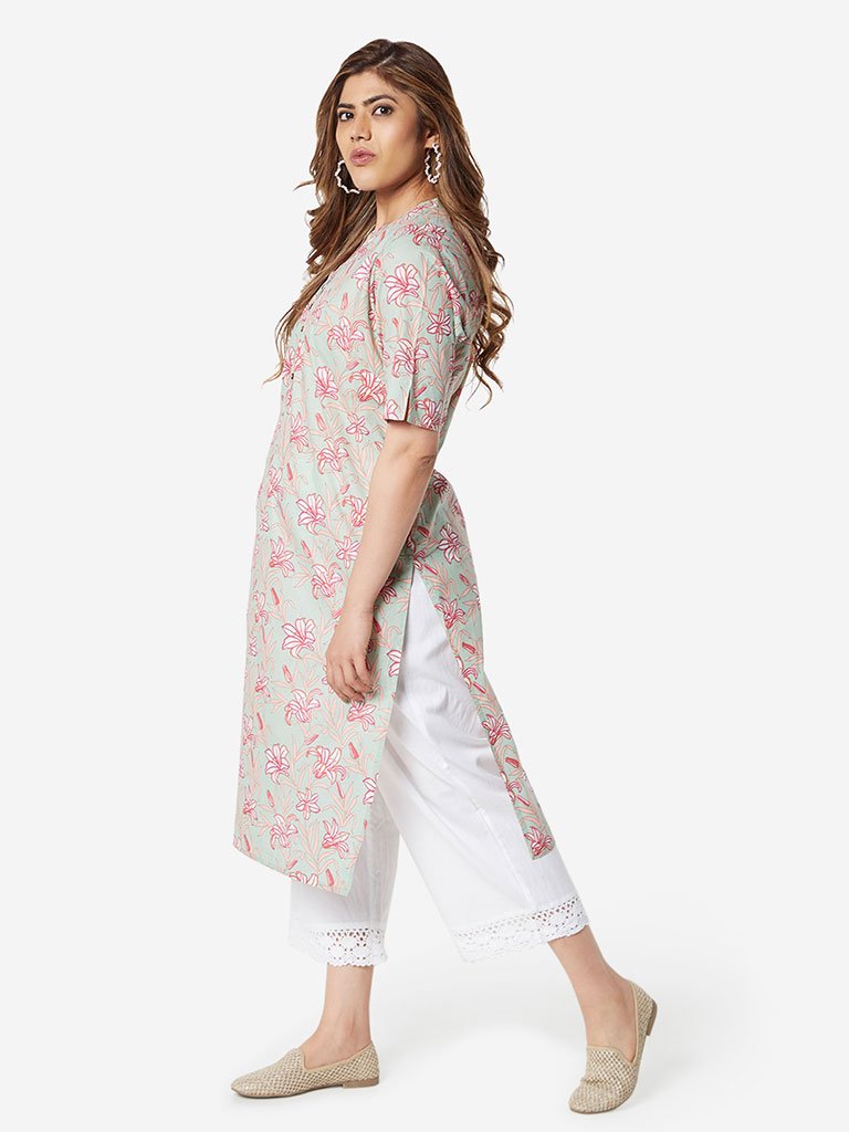Diza Curve Mint Green Floral Straight Kurta