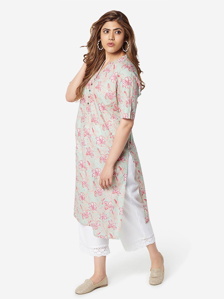 Diza Curve Mint Green Floral Straight Kurta