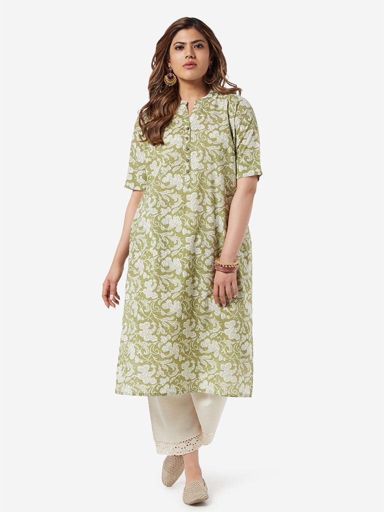 Diza Curve Green Floral Print Straight Kurta