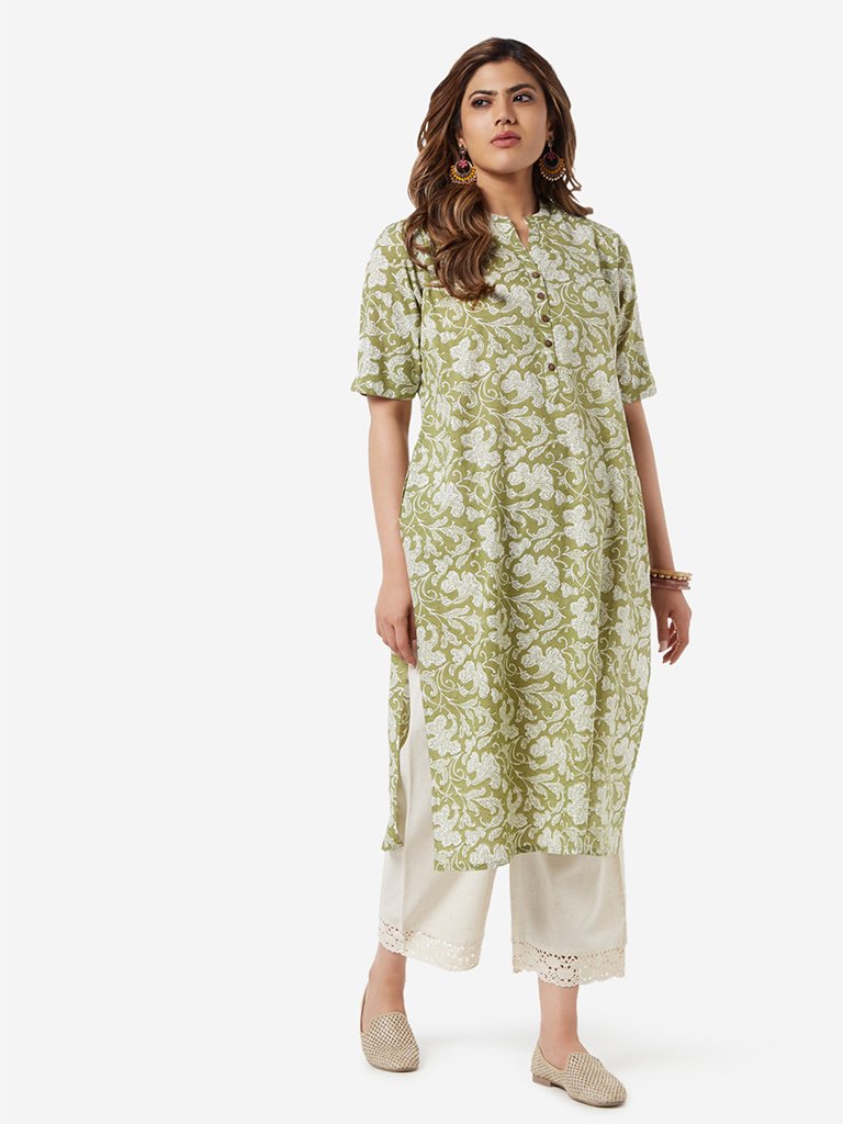 Diza Curve Green Floral Print Straight Kurta