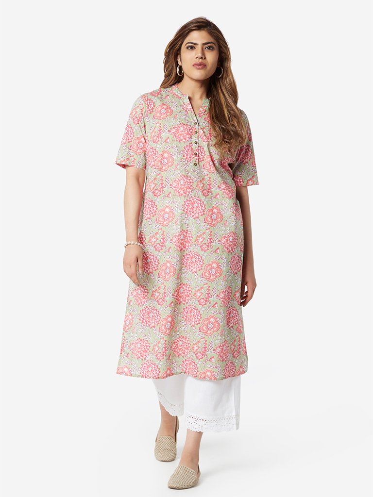 Diza Curve Green Floral Pattern Straight Kurta