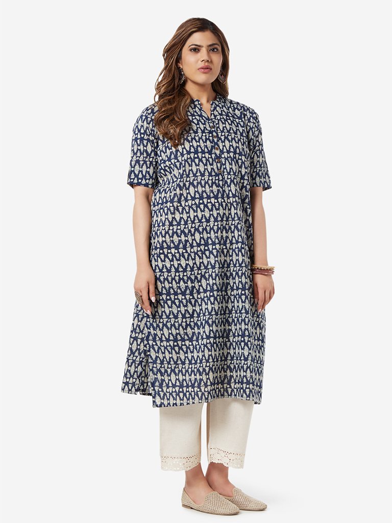 Diza Curve Indigo Allover Print Straight Kurta