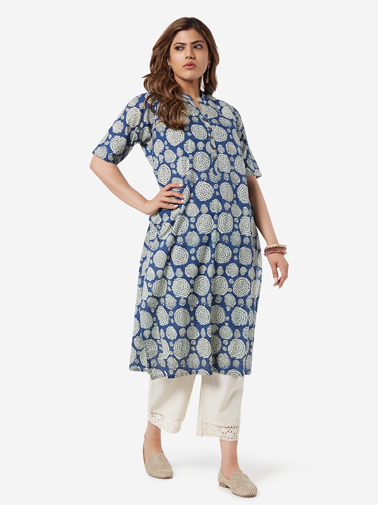 Diza Curve Indigo Circular Print Straight Kurta