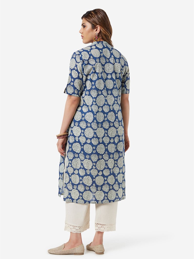 Diza Curve Indigo Circular Print Straight Kurta
