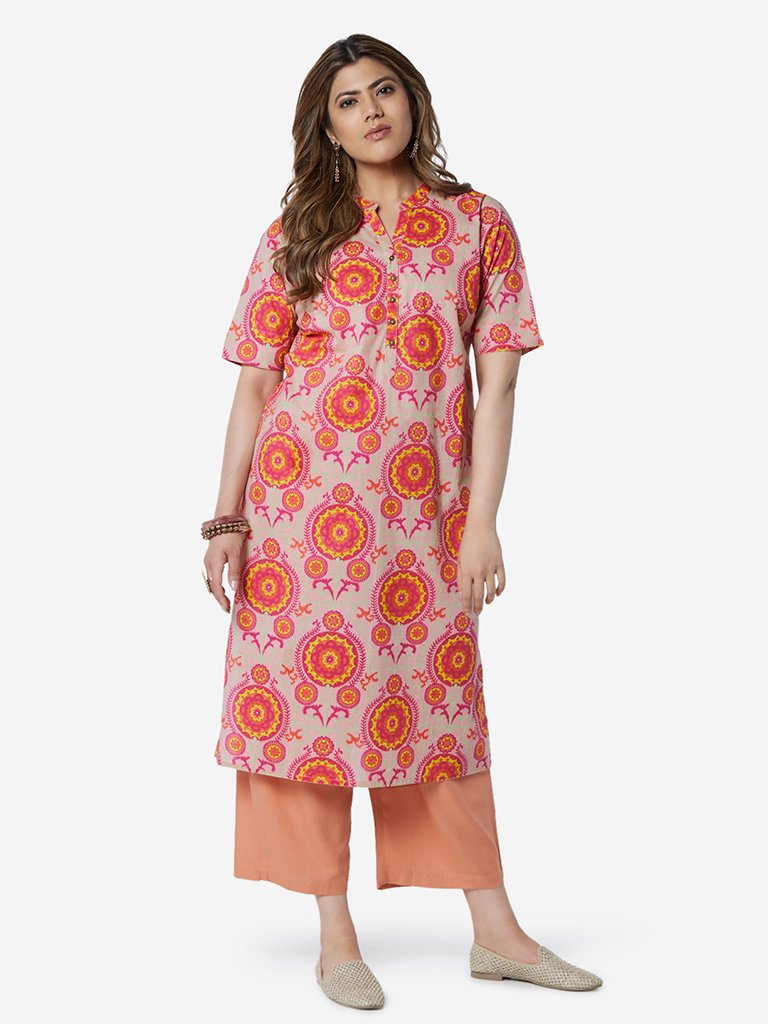 Diza Curve Peach Circle Pattern Straight Kurta