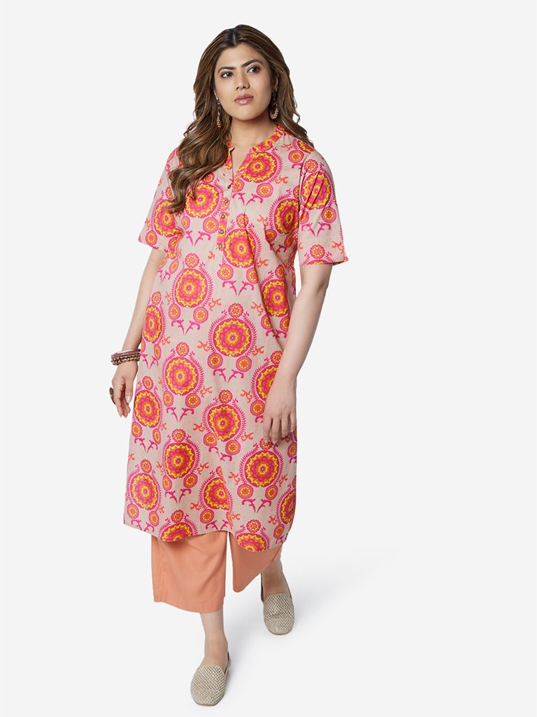 Diza Curve Peach Circle Pattern Straight Kurta