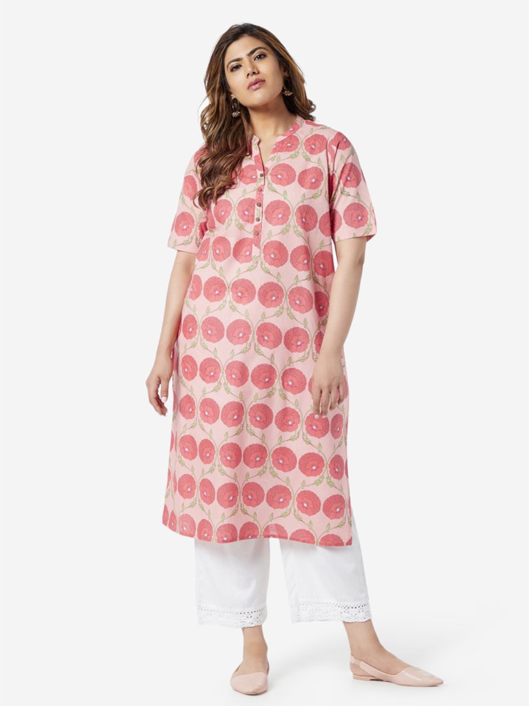Diza Curve Peach Floral Patterned Straight Kurta