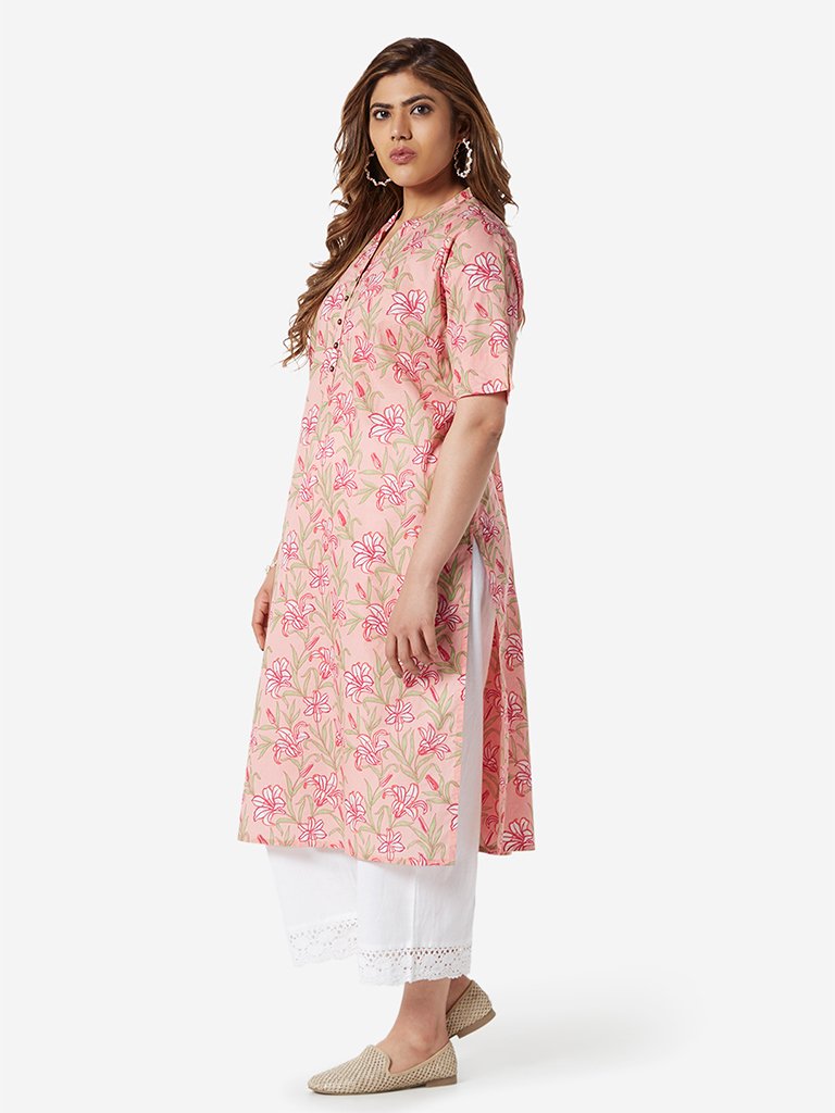 Diza Curve Light Pink Floral Straight Kurta