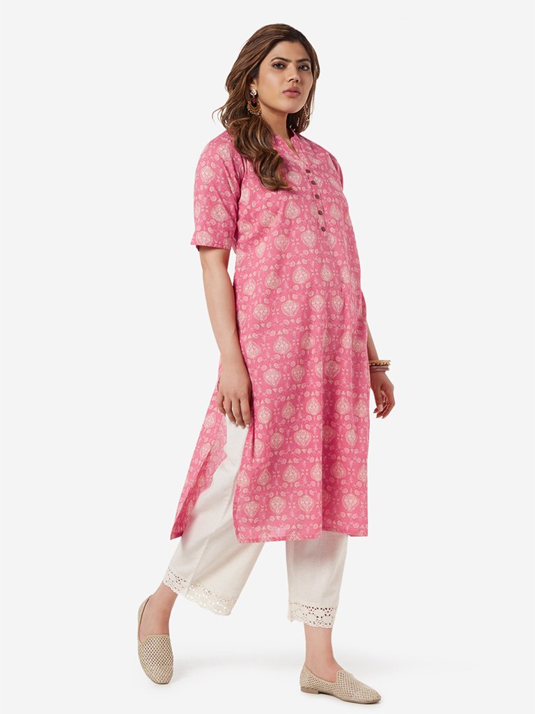 Diza Curve Pink Ethnic Print Straight Kurta