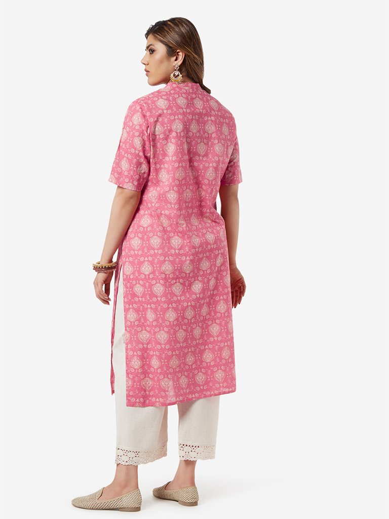 Diza Curve Pink Ethnic Print Straight Kurta
