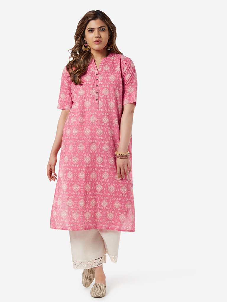 Diza Curve Pink Ethnic Print Straight Kurta