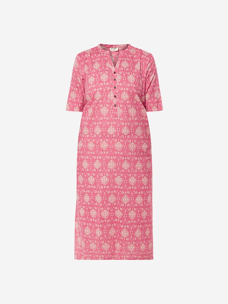 Diza Curve Pink Ethnic Print Straight Kurta
