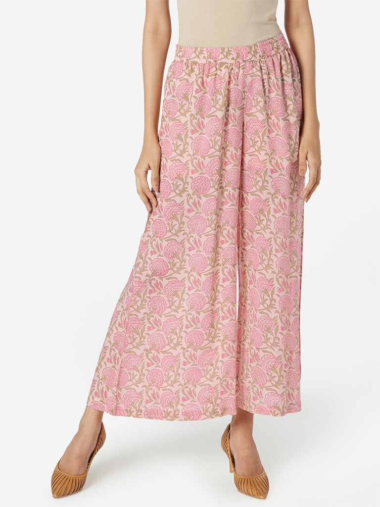 Zuba Peach Floral Print Flared Palazzos