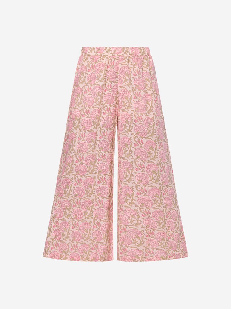 Zuba Peach Floral Print Flared Palazzos