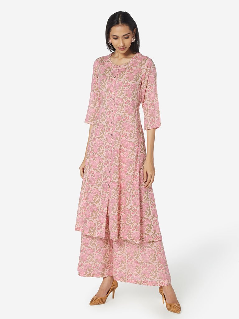 Zuba Pink Floral Patterned A-line Kurta
