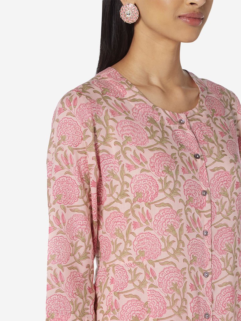 Zuba Pink Floral Patterned A-line Kurta